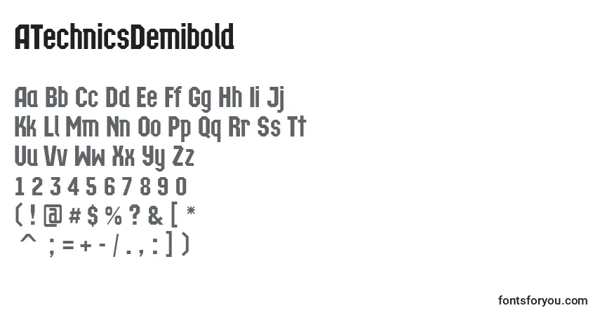 A fonte ATechnicsDemibold – alfabeto, números, caracteres especiais