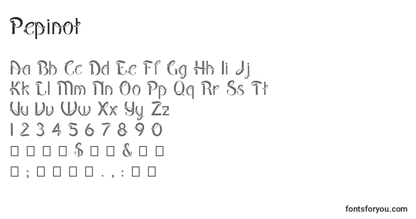 Czcionka Pepinot – alfabet, cyfry, specjalne znaki