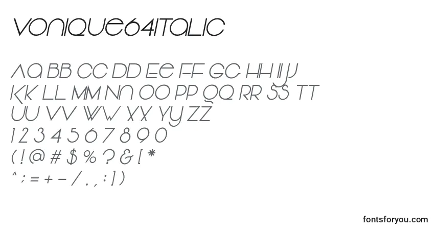 Czcionka Vonique64Italic – alfabet, cyfry, specjalne znaki