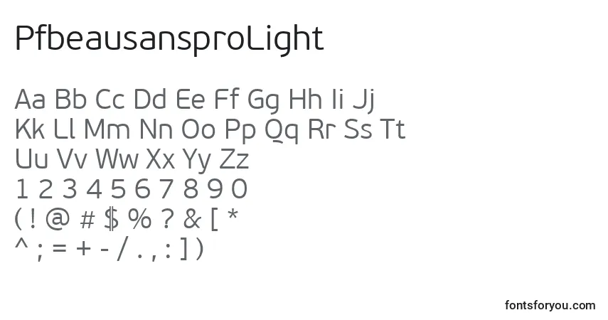A fonte PfbeausansproLight – alfabeto, números, caracteres especiais
