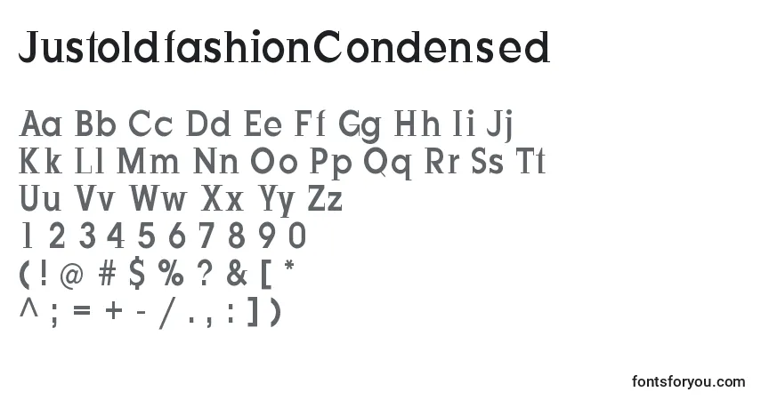 Шрифт JustoldfashionCondensed – алфавит, цифры, специальные символы