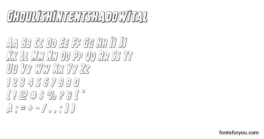 Czcionka Ghoulishintentshadowital – alfabet, cyfry, specjalne znaki