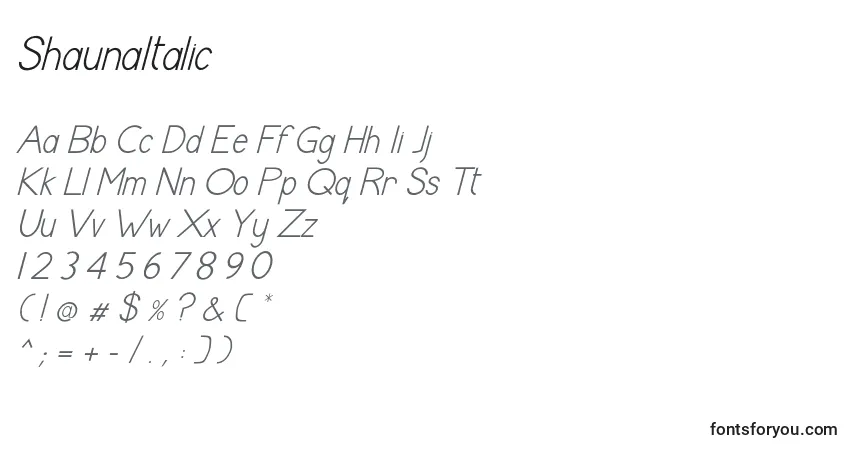 Шрифт ShaunaItalic – алфавит, цифры, специальные символы