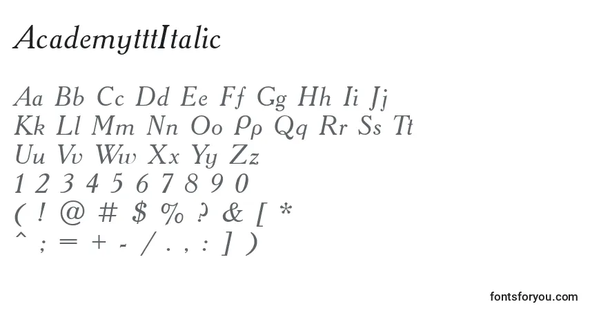 A fonte AcademytttItalic – alfabeto, números, caracteres especiais