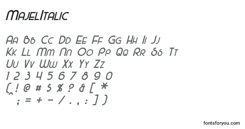 A fonte MajelItalic – alfabeto, números, caracteres especiais