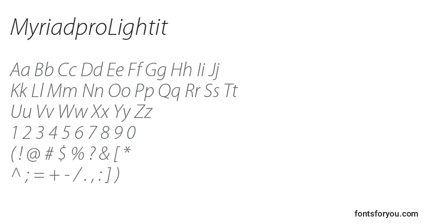 Fuente MyriadproLightit - alfabeto, números, caracteres especiales