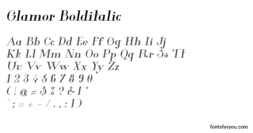 Schriftart Glamor Bolditalic – Alphabet, Zahlen, spezielle Symbole