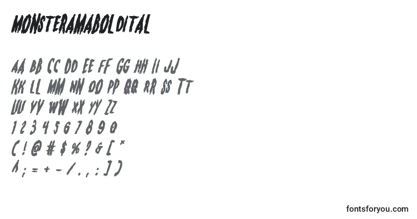 Schriftart Monsteramaboldital – Alphabet, Zahlen, spezielle Symbole