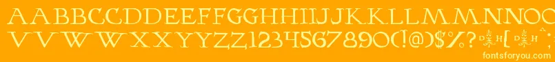 Hopferhornbook-Schriftart – Gelbe Schriften auf orangefarbenem Hintergrund