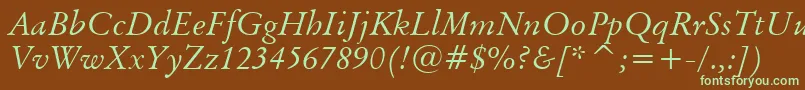 フォントOriginalGaramondItalicBt – 緑色の文字が茶色の背景にあります。