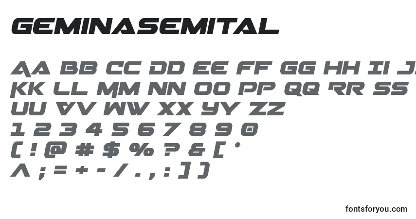 Czcionka Geminasemital – alfabet, cyfry, specjalne znaki