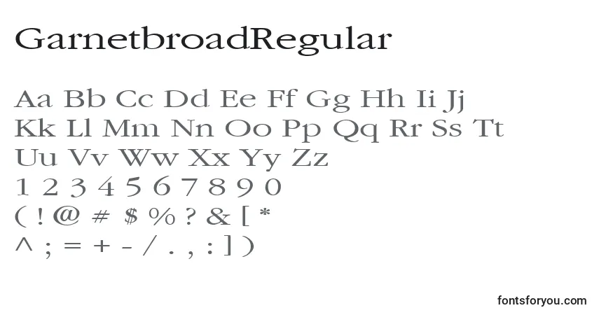 A fonte GarnetbroadRegular – alfabeto, números, caracteres especiais