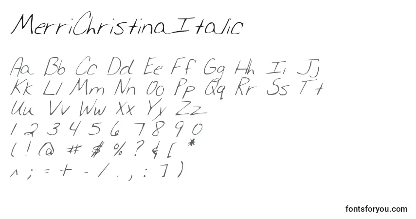 A fonte MerriChristinaItalic – alfabeto, números, caracteres especiais