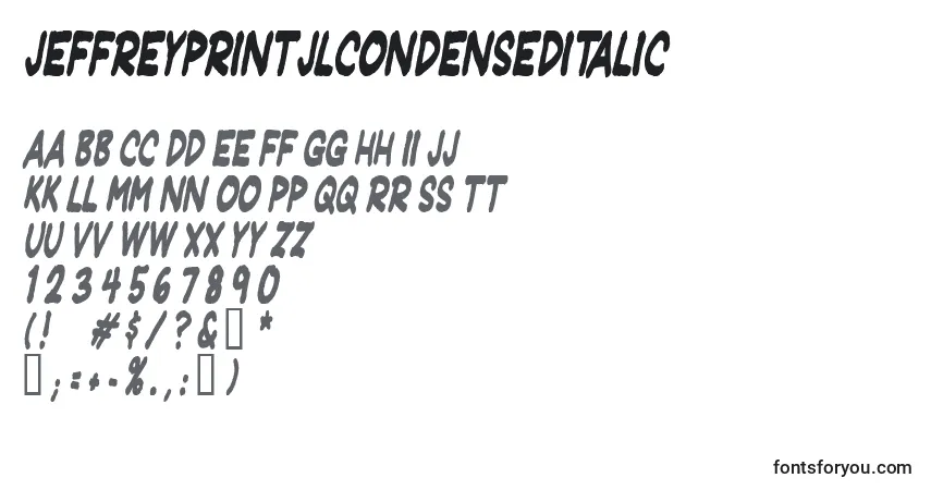 Schriftart JeffreyprintJlCondensedItalic – Alphabet, Zahlen, spezielle Symbole