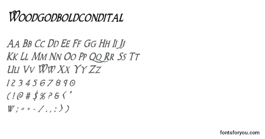 Шрифт Woodgodboldcondital – алфавит, цифры, специальные символы