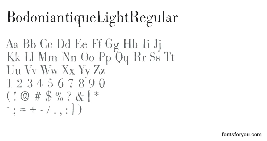 A fonte BodoniantiqueLightRegular – alfabeto, números, caracteres especiais