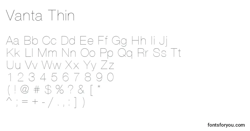A fonte Vanta Thin – alfabeto, números, caracteres especiais