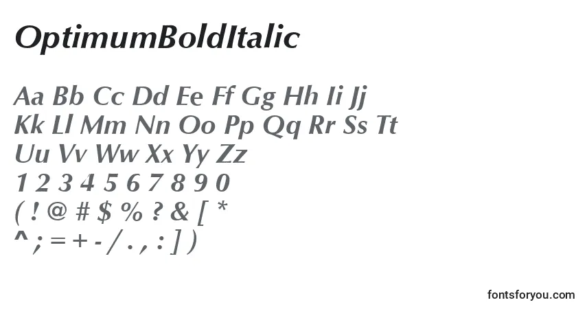 Czcionka OptimumBoldItalic – alfabet, cyfry, specjalne znaki