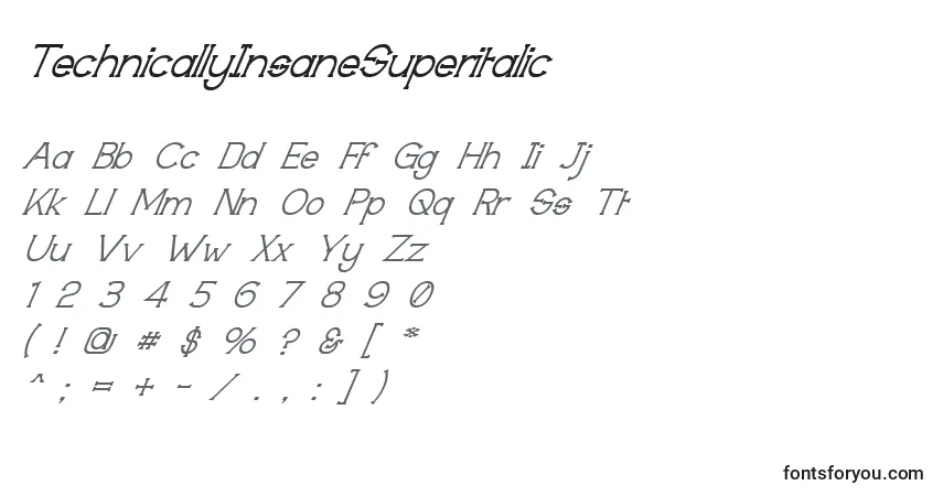 Шрифт TechnicallyInsaneSuperitalic – алфавит, цифры, специальные символы