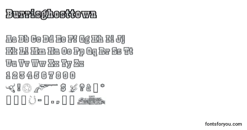 Czcionka Burrisghosttown – alfabet, cyfry, specjalne znaki