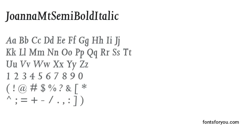 Czcionka JoannaMtSemiBoldItalic – alfabet, cyfry, specjalne znaki