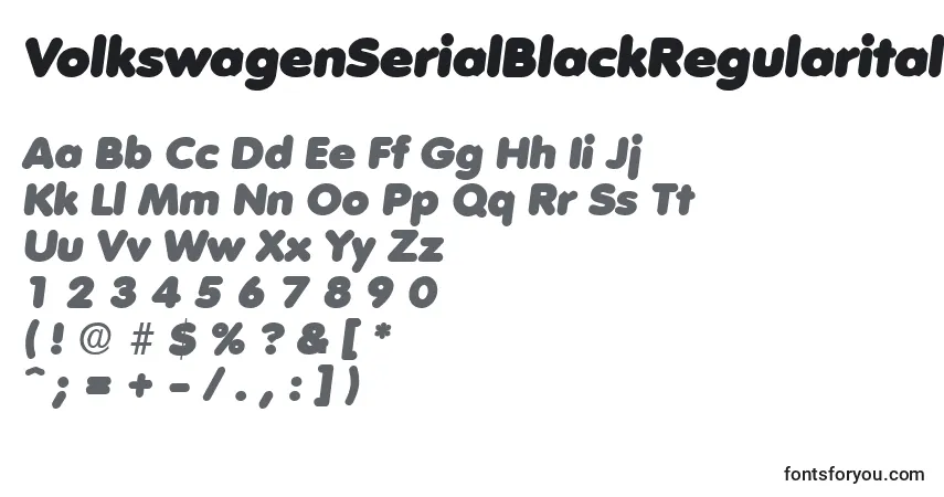 Czcionka VolkswagenSerialBlackRegularitalicDb – alfabet, cyfry, specjalne znaki