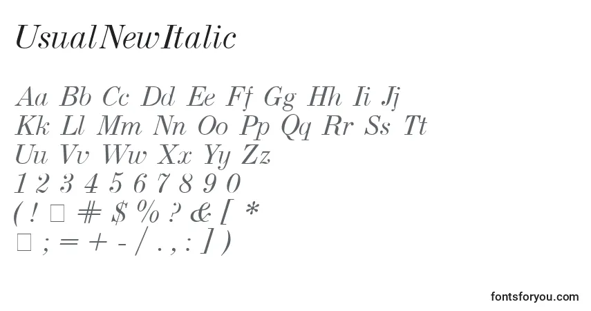 Schriftart UsualNewItalic – Alphabet, Zahlen, spezielle Symbole