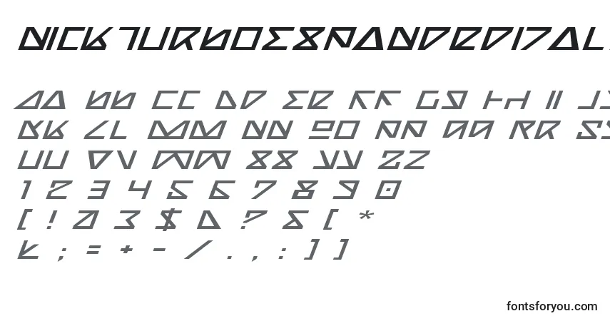 A fonte NickTurboExpandedItalic – alfabeto, números, caracteres especiais