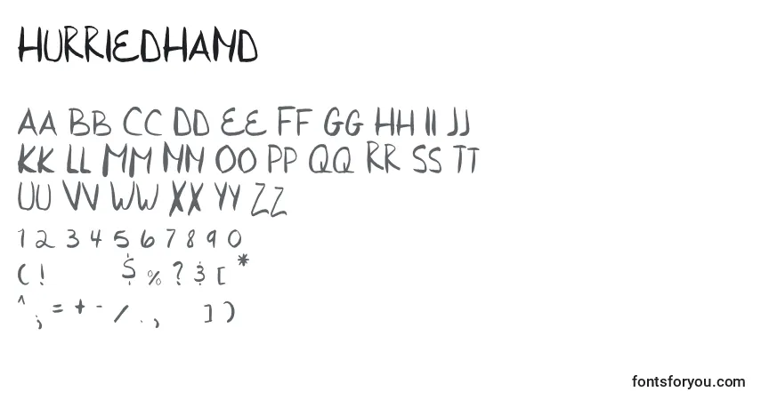 A fonte HurriedHand – alfabeto, números, caracteres especiais