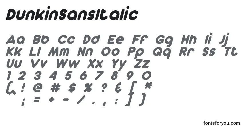Schriftart DunkinSansItalic – Alphabet, Zahlen, spezielle Symbole