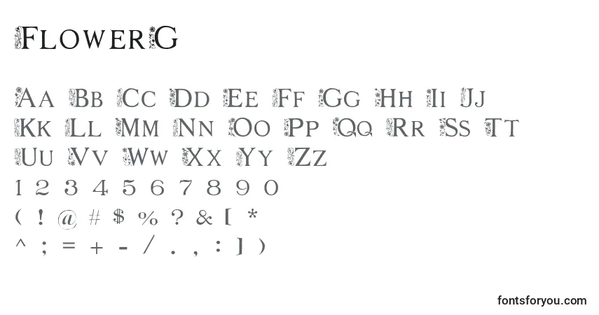 A fonte FlowerG – alfabeto, números, caracteres especiais