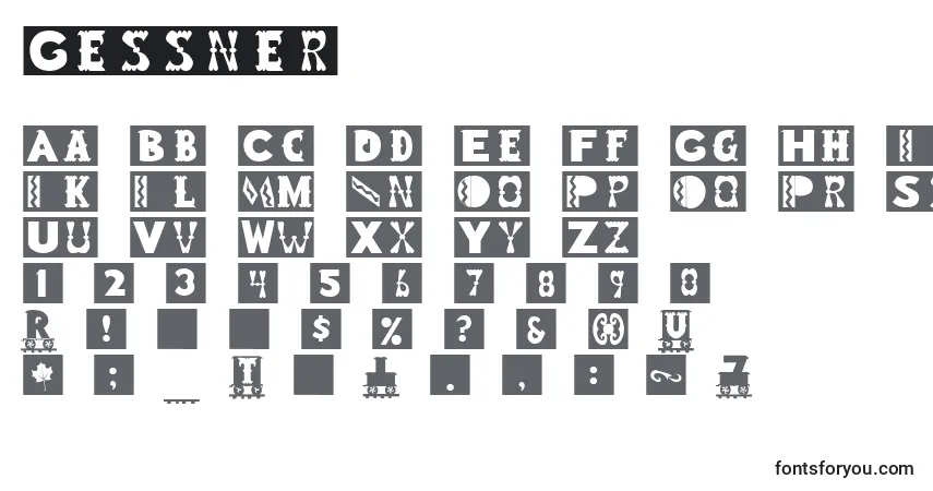 A fonte Gessner – alfabeto, números, caracteres especiais