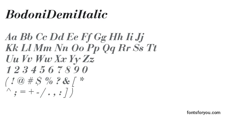 Шрифт BodoniDemiItalic – алфавит, цифры, специальные символы