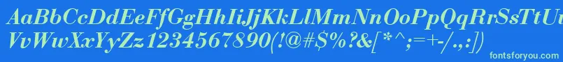 BodoniDemiItalic-Schriftart – Grüne Schriften auf blauem Hintergrund