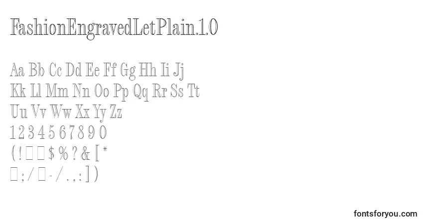 A fonte FashionEngravedLetPlain.1.0 – alfabeto, números, caracteres especiais