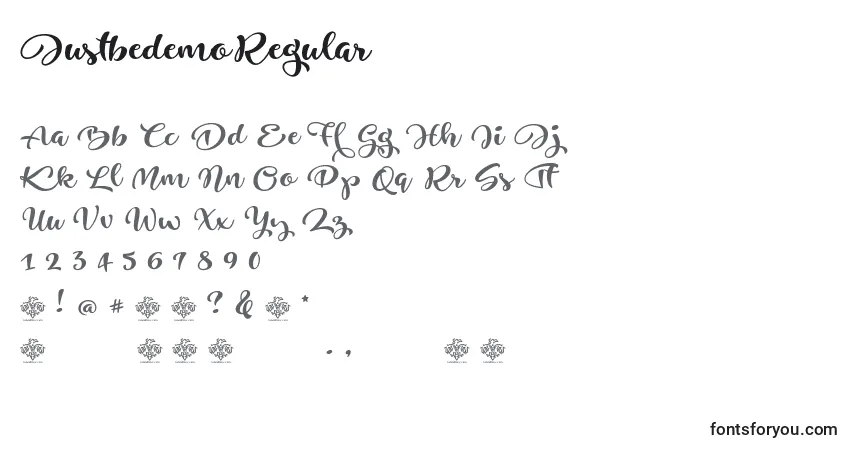 Schriftart JustbedemoRegular – Alphabet, Zahlen, spezielle Symbole
