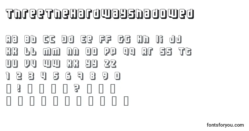 A fonte ThreeTheHardWayShadowed – alfabeto, números, caracteres especiais