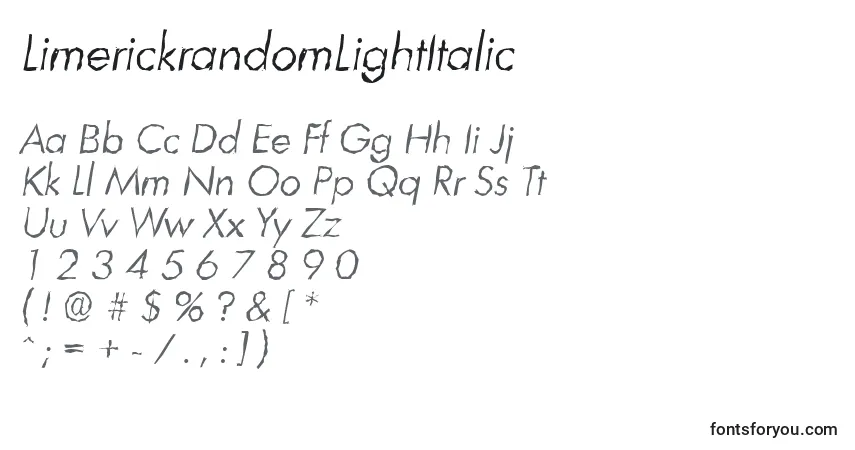 A fonte LimerickrandomLightItalic – alfabeto, números, caracteres especiais