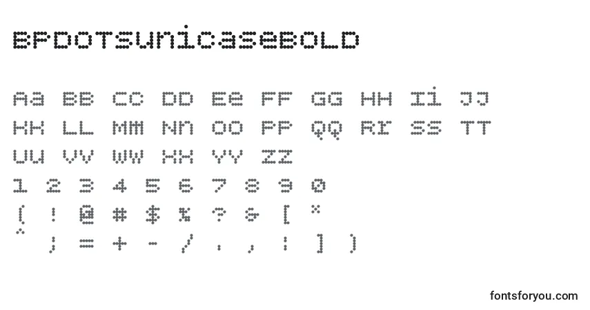 Czcionka Bpdotsunicasebold – alfabet, cyfry, specjalne znaki