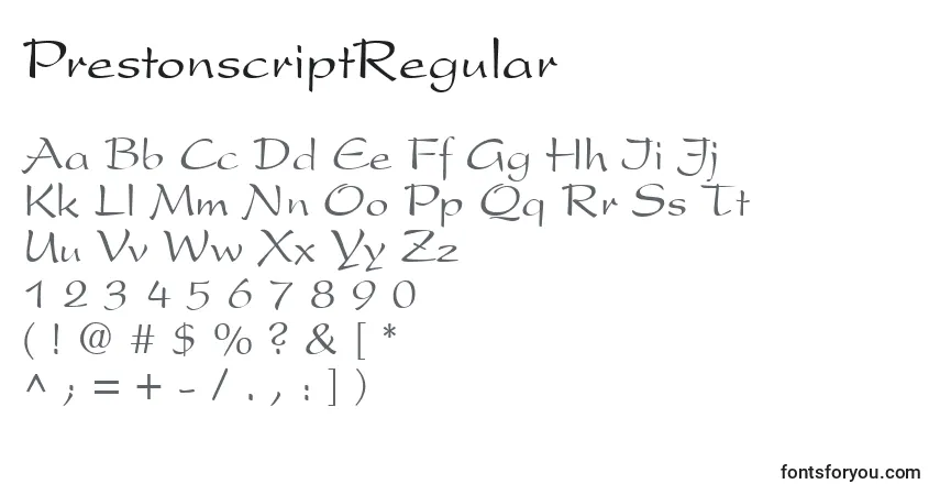 A fonte PrestonscriptRegular – alfabeto, números, caracteres especiais