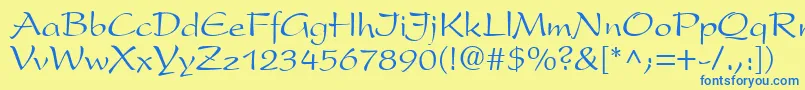 フォントPrestonscriptRegular – 青い文字が黄色の背景にあります。