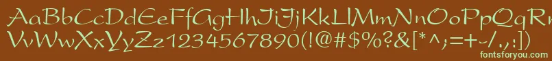 フォントPrestonscriptRegular – 緑色の文字が茶色の背景にあります。