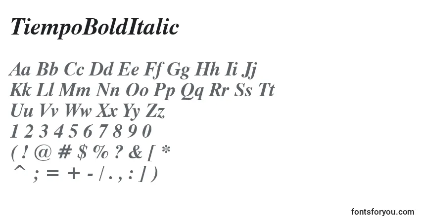 A fonte TiempoBoldItalic – alfabeto, números, caracteres especiais