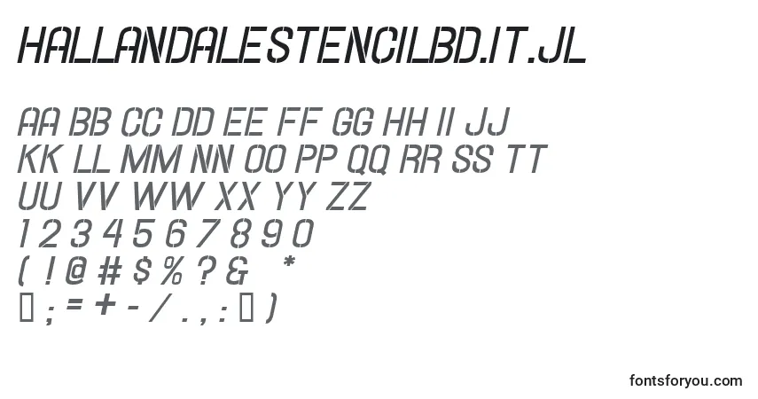A fonte HallandaleStencilBd.It.Jl – alfabeto, números, caracteres especiais