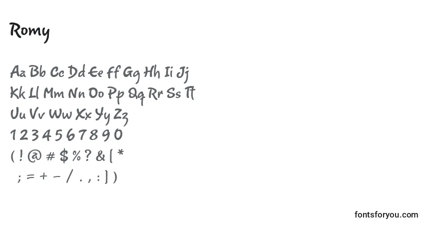 Romy-fontti – aakkoset, numerot, erikoismerkit