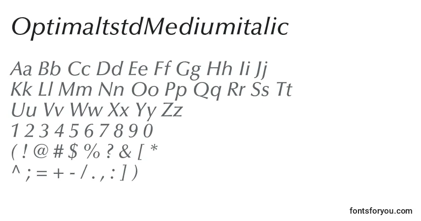 A fonte OptimaltstdMediumitalic – alfabeto, números, caracteres especiais