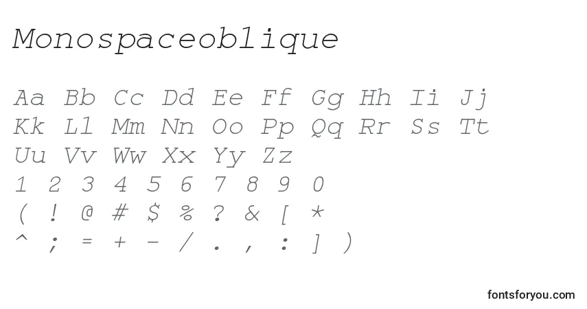 Monospaceoblique-fontti – aakkoset, numerot, erikoismerkit