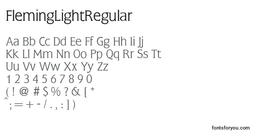 A fonte FlemingLightRegular – alfabeto, números, caracteres especiais