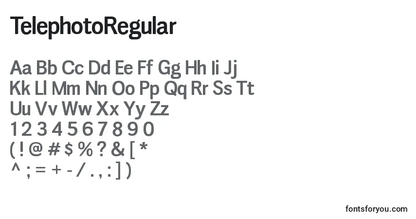 Czcionka TelephotoRegular – alfabet, cyfry, specjalne znaki