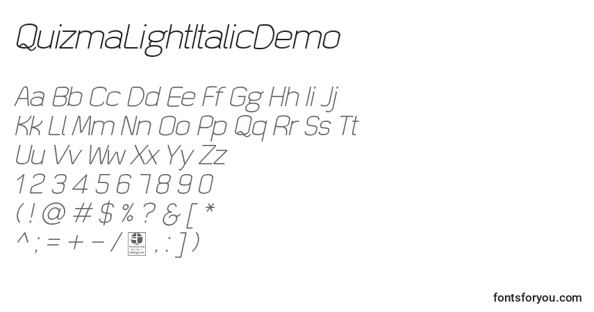 Czcionka QuizmaLightItalicDemo – alfabet, cyfry, specjalne znaki